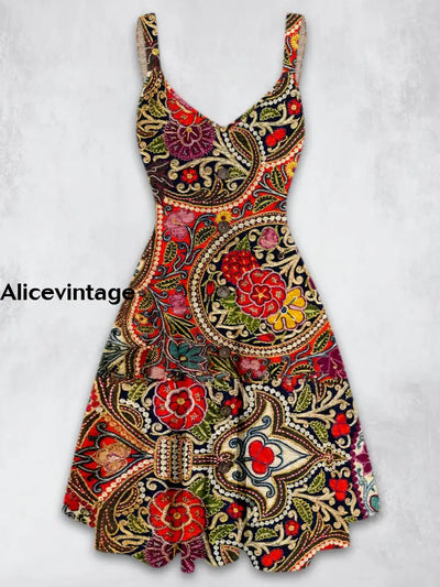 Paisley Floral Design Printed Vintage V-Neck Strap Sleeveless Button Trim Midi Dress A / S