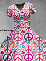 Peace And Love Art Print V-Neck Short Sleeve Vintage Maxi Dress