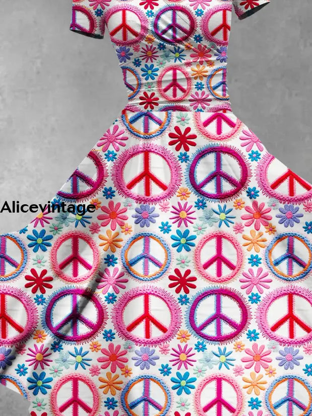 Peace And Love Art Print V-Neck Short Sleeve Vintage Maxi Dress