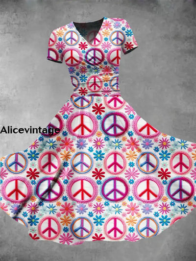 Peace And Love Art Print V-Neck Short Sleeve Vintage Maxi Dress Muilticolor / S