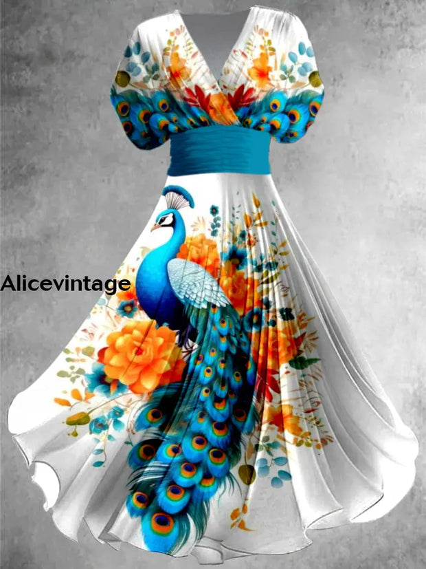 Peacock Art Print Elegant V-Neck Vintage Short Sleeve Maxi Dress A / S