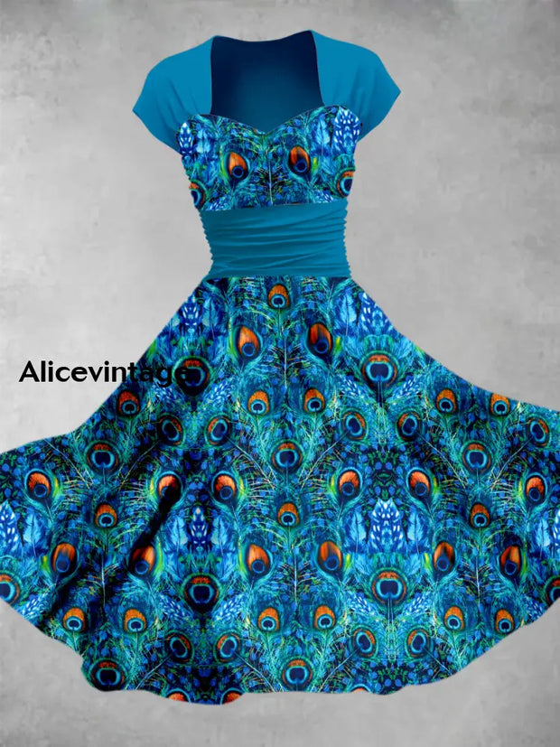 Peacock Blue Feathers Art Printed Vintage V-Neck Pleated Waist Short S