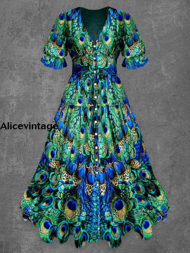 Peacock Feather Art Print Chic V-Neck Button Up Short Sleeve Midi Dress A / S