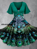 Peacock Feather Art Print Short Sleeve Vintage Two-Piece Midi Dress A / S