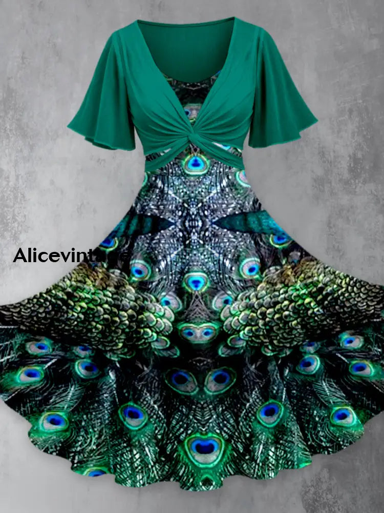 Peacock Feather Art Print Short Sleeve Vintage Two-Piece Midi Dress A / S