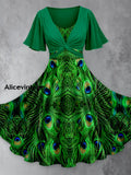 Peacock Feather Art Print Short Sleeve Vintage Two-Piece Midi Dress A / S