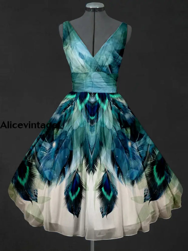 Peacock Feather Art Print V-Neck 50’S Vintage Fashion Sleeveless Midi Dress A / S