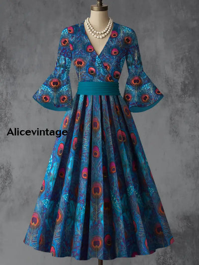 Peacock Feather Art Print V-Neck Flare Sleeve Vintage Elegant Dress A / S