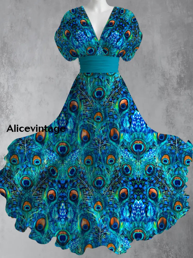 Peacock Feather Art Print V-Neck Short Sleeve Vintage Elegant Maxi Dress A / S