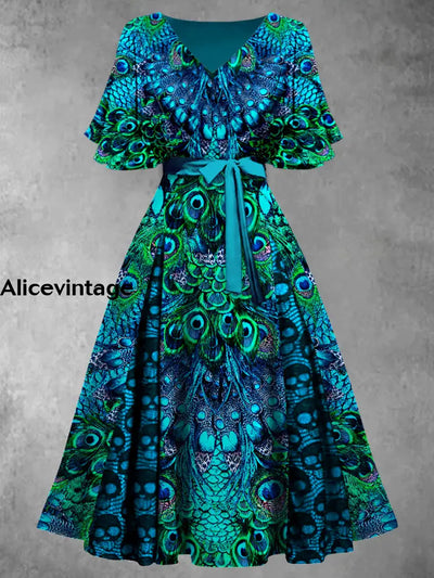 Peacock Feather Art Print V-Neck Vintage Chic Short Sleeve Midi Dress A / S