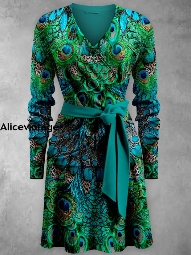 Peacock Feather Art Print V-Neck Vintage Fashion Long Sleeve Midi Dress A / S