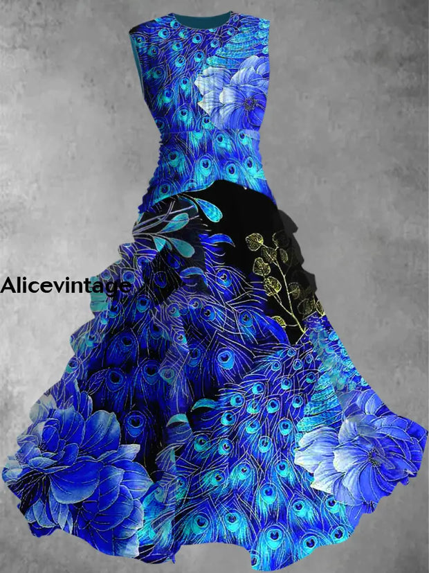 Peacock Feather Art Print Vintage Elegant Chic Sleeveless Maxi Dress A / S