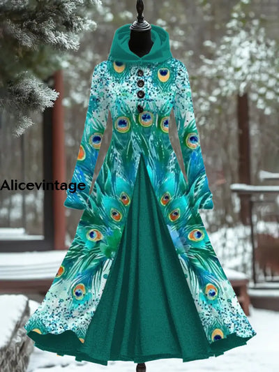 Peacock Feather Art Print Vintage Elegant Long Sleeve Maxi Dress A / S