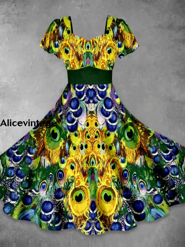 Peacock Feather Art Print Vintage Fashion Short Sleeve Midi Dress A / S