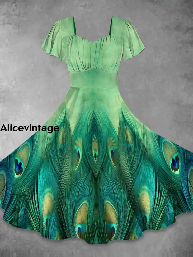 Peacock Feather Art Print Vintage Fashion Short Sleeve Midi Dress A / S