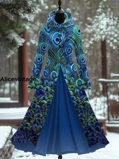 Peacock Feather Art Print Vintage Long Sleeve Maxi Dress Hooded A / S