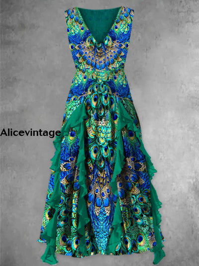 Vintage Floral Print V-Neck 50's Elegant Chic Sleeveless Maxi Dress
