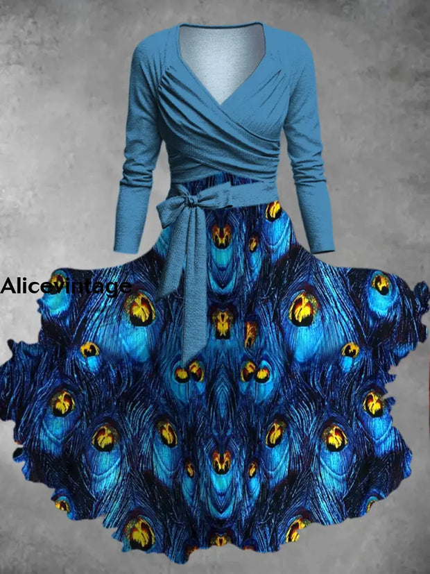 Peacock Feather Art Print Vintage V-Neck Long Sleeve Two-Piece Midi Dress A / S