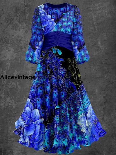 Peacock Feather Print Elegant Chic Round Neck Long Sleeve Retro Midi Dress A / S