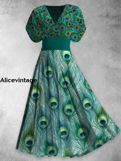 Peacock Feather Print Elegant V-Neck Chic Short Sleeve Maxi Dress A / S