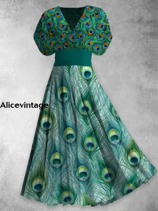 Peacock Feather Print Elegant V-Neck Chic Short Sleeve Maxi Dress A / S