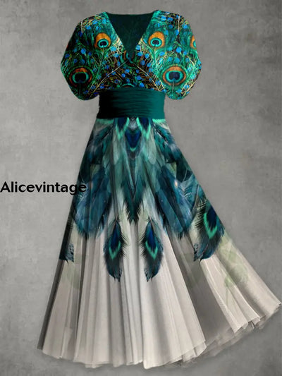 Peacock Feather Print Elegant V-Neck Chic Short Sleeve Maxi Dress A / S