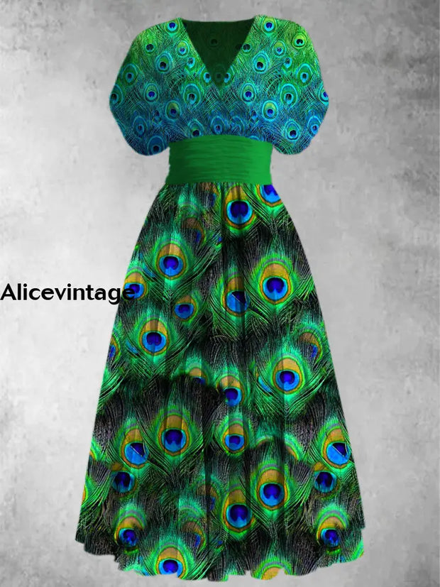 Peacock Feather Print Elegant V-Neck Chic Short Sleeve Retro Maxi Dress A / S