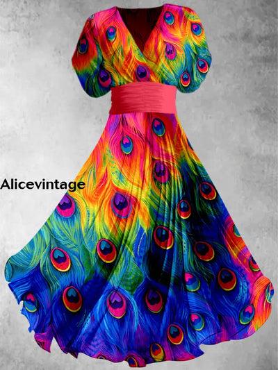 Peacock Feather Print Elegant V-Neck Vintage Short Sleeve Maxi Dress A / S