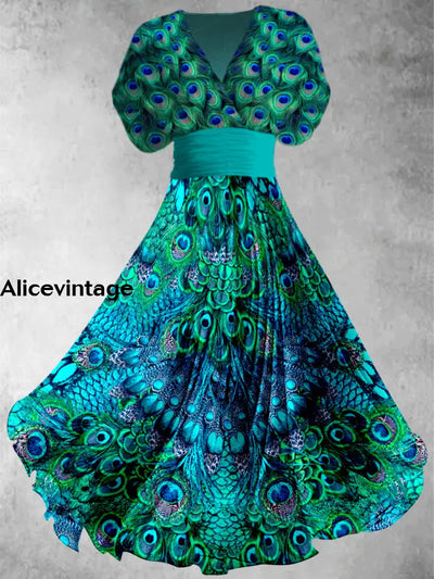 Peacock Feather Print Elegant V-Neck Vintage Short Sleeve Maxi Dress A / S