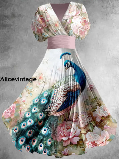 Peacock Feather Print Elegant V-Neck Vintage Short Sleeve Maxi Dress A / S