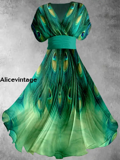 Peacock Feather Print Elegant V-Neck Vintage Short Sleeve Maxi Dress A / S