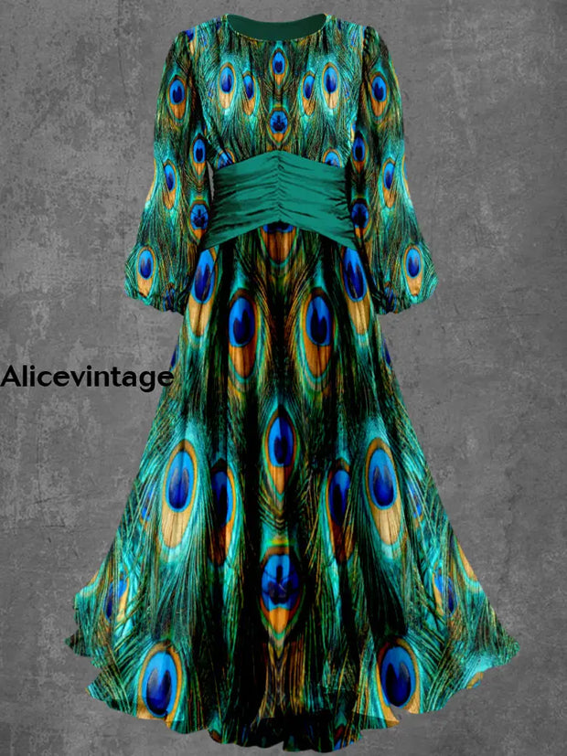 Peacock Feather Print Round Neck Vintage Long Sleeve Midi Dress A / S