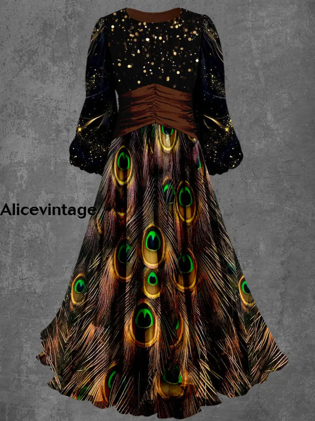 Peacock Feather Print Round Neck Vintage Long Sleeve Midi Dress A / S