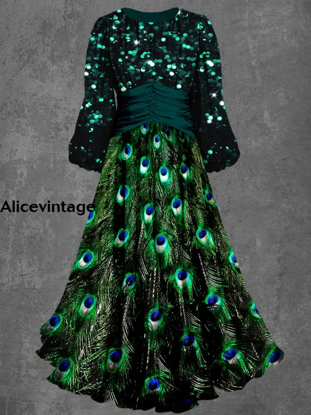 Peacock Feather Print Round Neck Vintage Long Sleeve Midi Dress A / S