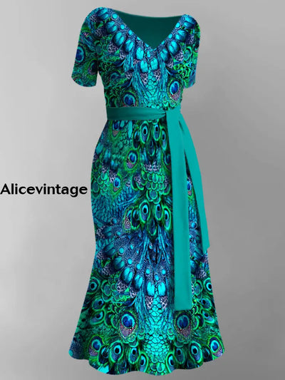 Peacock Feather Print V-Neck Chic Short Sleeve Midi Dress A / S