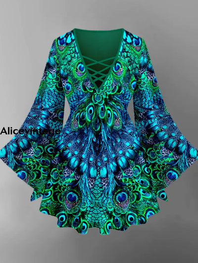 Peacock Feather Print V-Neck Long Sleeve Retro Shirt A / S