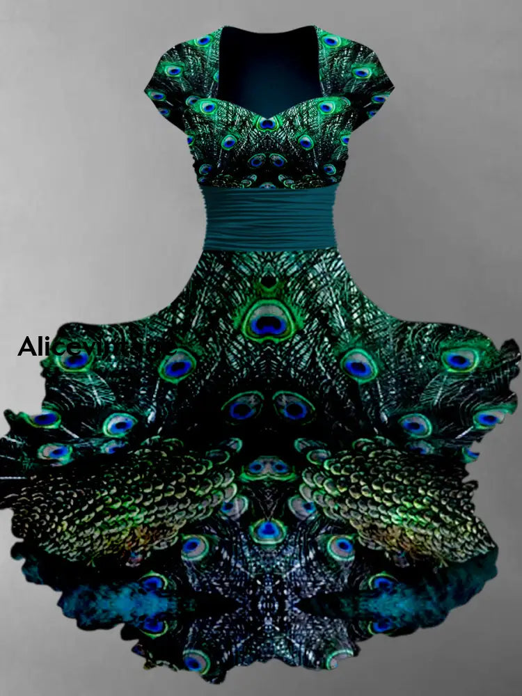sachin and babi light blue dress Peacock Feather Print Sleeveless Chiffon Flowy Maxidress