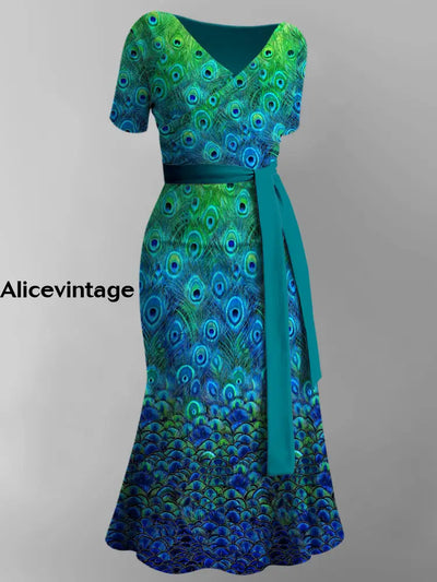 Peacock Feather Print V-Neck Vintage Chic Short Sleeve Midi Dress A / S