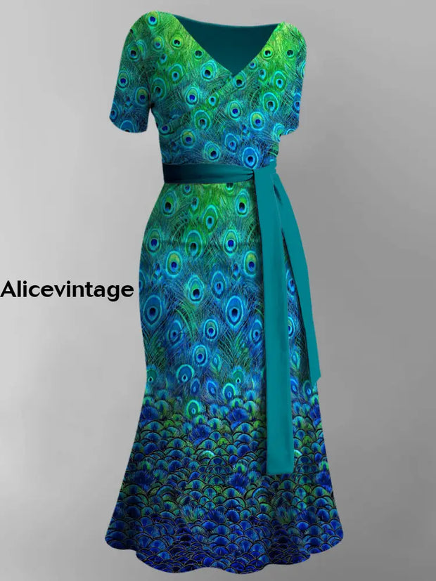 Peacock Feather Print V-Neck Vintage Chic Short Sleeve Midi Dress A / S