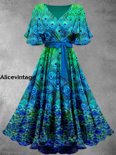 Peacock Feather Print V-Neck Vintage Chic Short Sleeve Midi Dress A / S