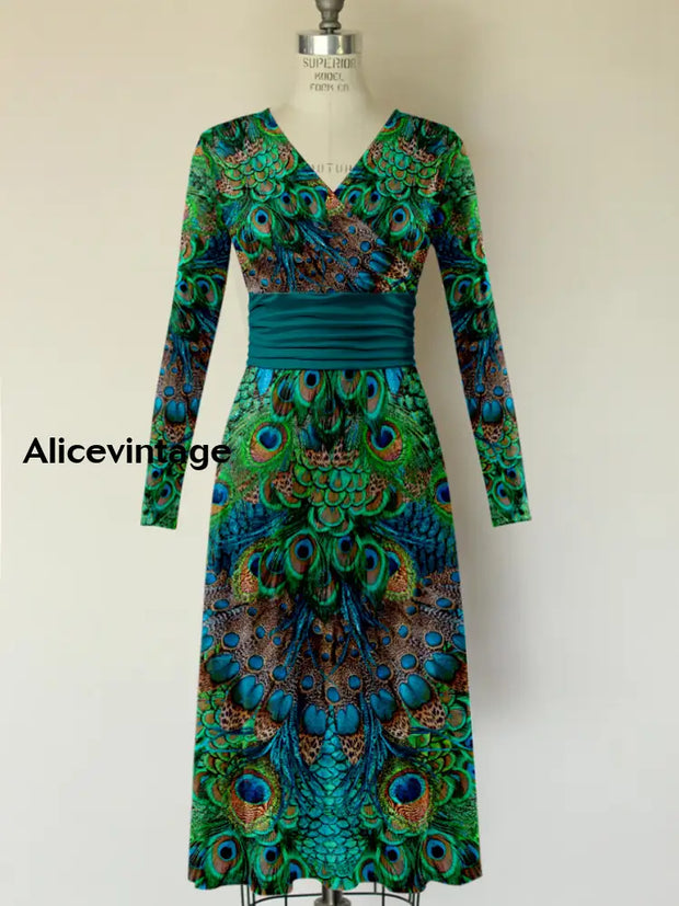 Peacock Feather Print V-Neck Vintage Fashion Long Sleeve Midi Dress A / S