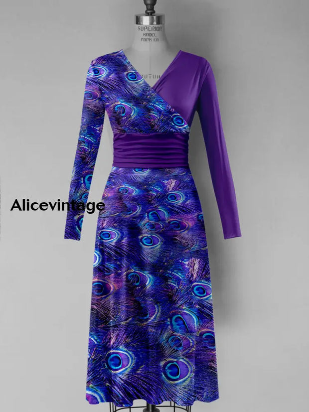 Peacock Feather Print V-Neck Vintage Fashion Long Sleeve Midi Dress A / S