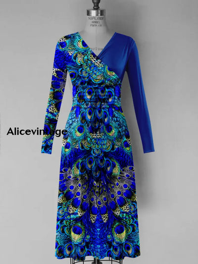 Peacock Feather Print V-Neck Vintage Fashion Long Sleeve Midi Dress A / S