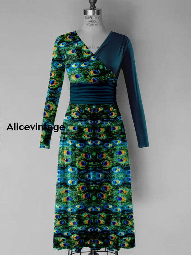 Peacock Feather Print V-Neck Vintage Fashion Long Sleeve Midi Dress A / S