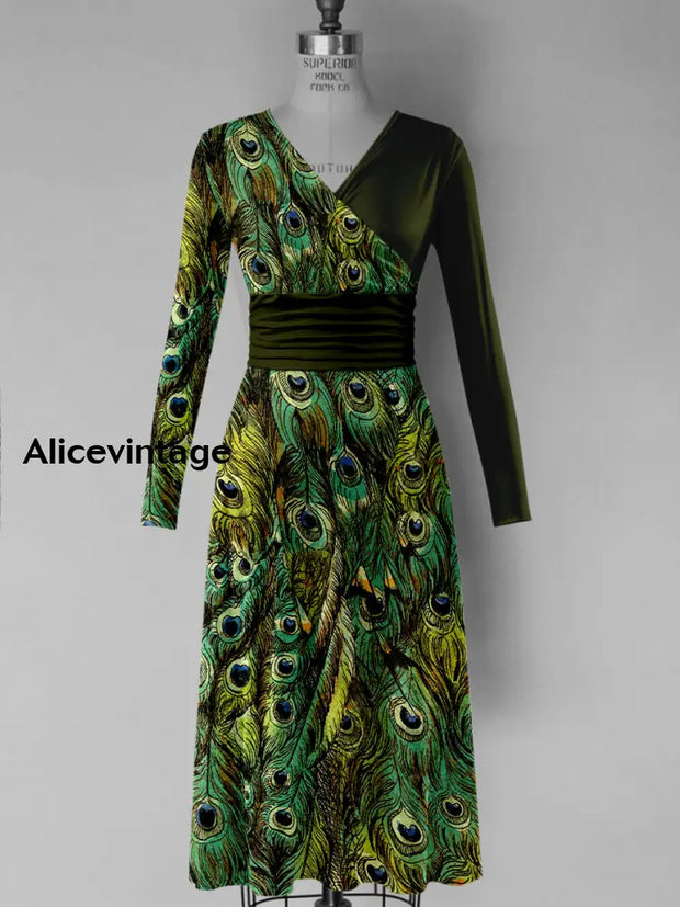 Peacock Feather Print V-Neck Vintage Fashion Long Sleeve Midi Dress A / S