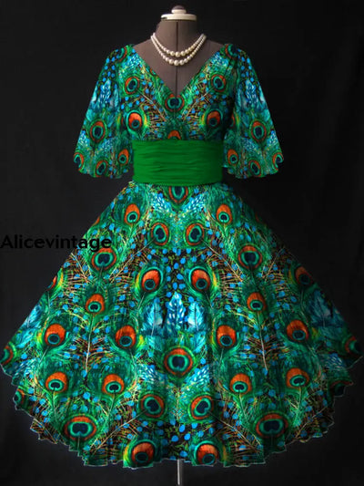 Peacock Feather Print V-Neck Vintage Fashion Short Sleeve Midi Dress A / S