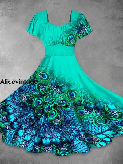 Peacock Feather Print V-Neck Vintage Fashion Short Sleeve Midi Dress A / S