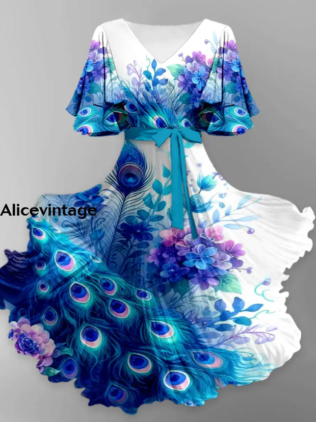 Peacock Feather Print V-Neck Vintage Short Sleeve Midi Dress A / S