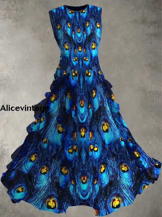 Peacock Feather Print Vintage Elegant Chic Sleeveless Maxi Dress A / S