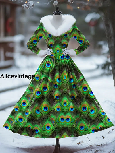 Peacock Feather Print Vintage Elegant Fur Collar Long Sleeve Midi Dress A / S